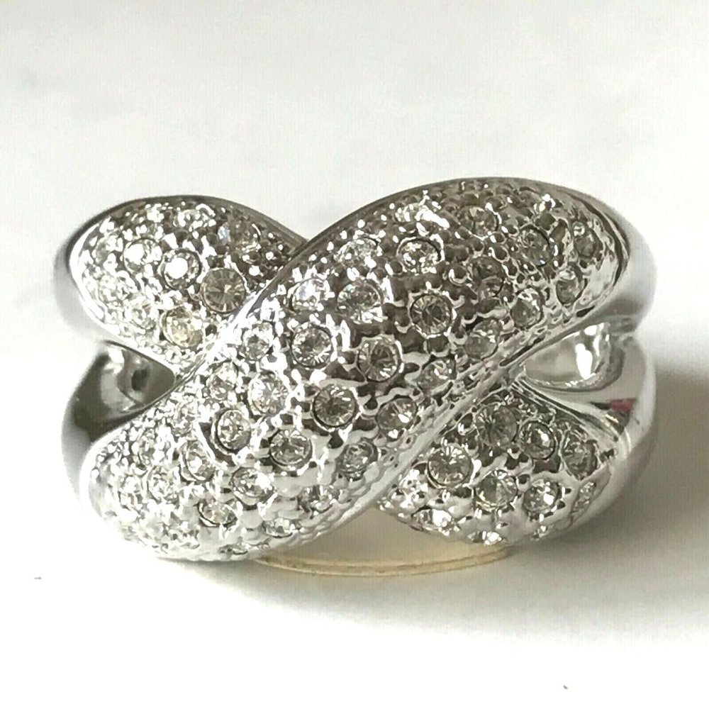 Vintage Silver Criss Cross Cocktail Ring Swarovski Crystal Size 9 Camilla Lucia